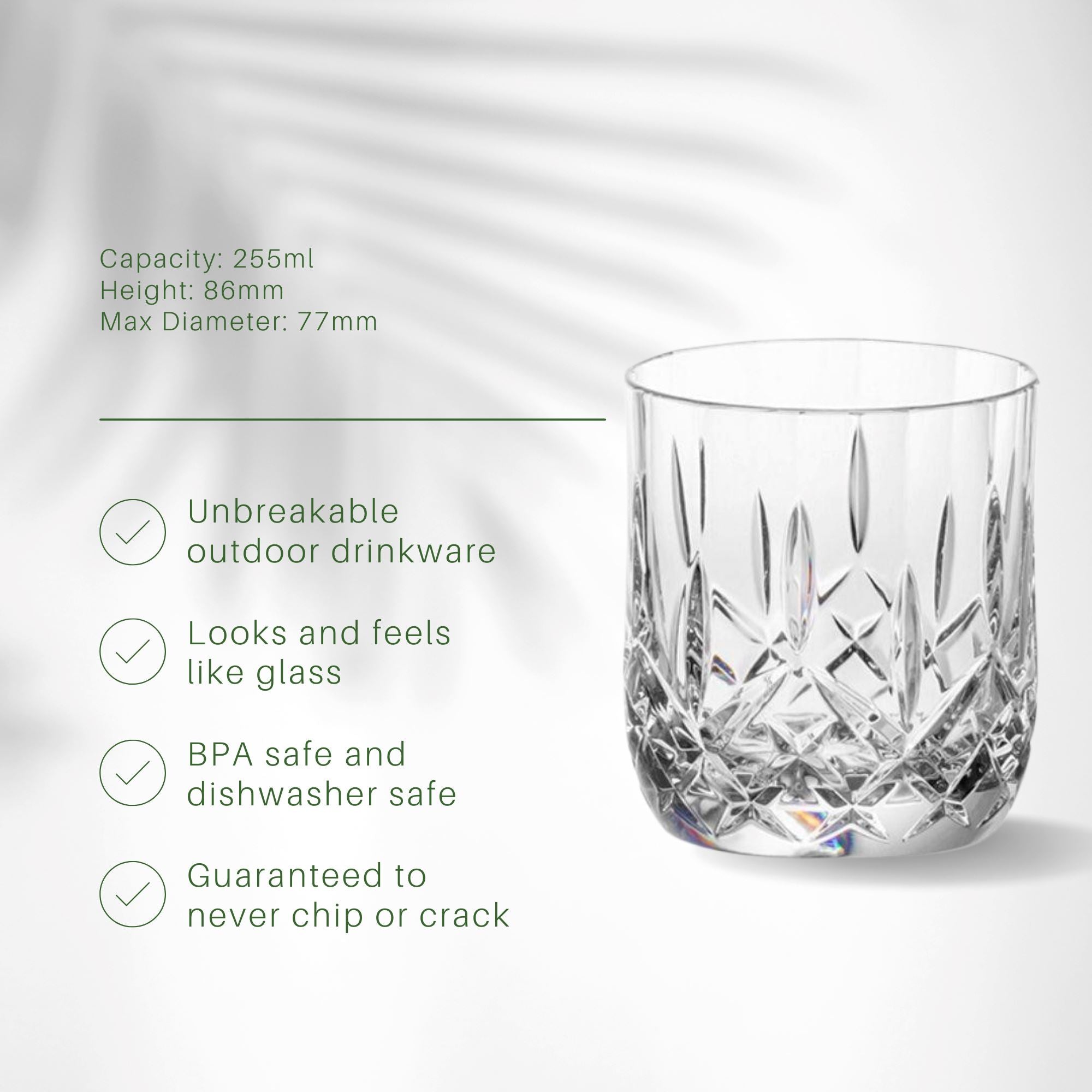 Unbreakable Cut Crystal Rocks Glasses 255ml - Set of 4 Tumblers D-STILL Drinkware 